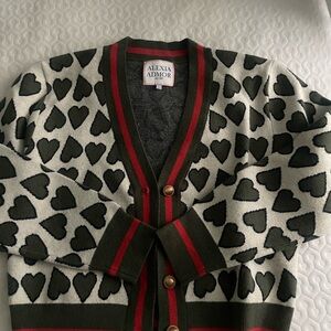 Alexia Admor Olive, Cream & Red Heart-Pattern Cardigan